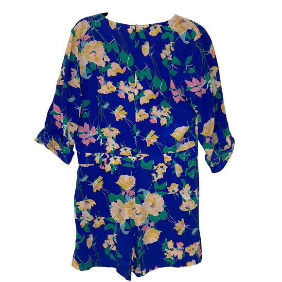 Yumi Kim Silk Floral Romper Women's Large Roll Tab Sleeves Back Zip Deep V-Neck - Picture 9 of 11